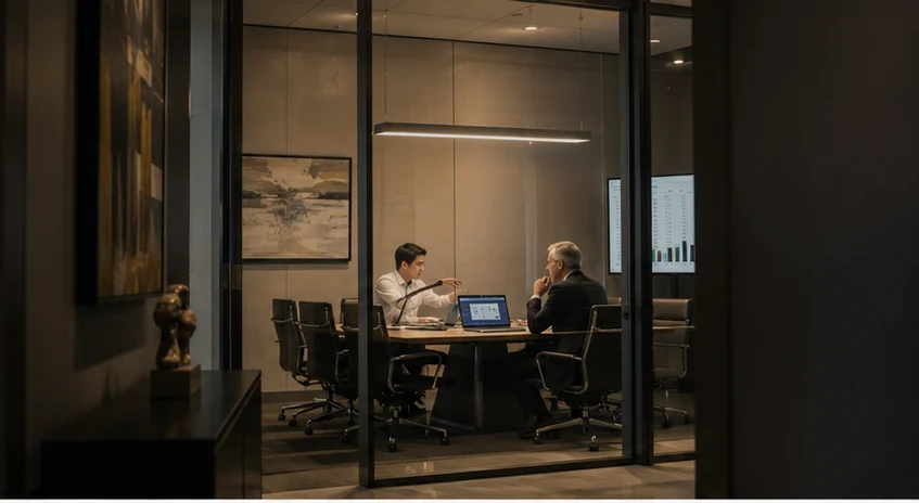 Financial professionals reviewing analysis in a modern office